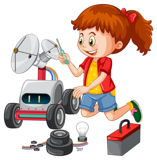 Free vector children fixing satellite together on white background