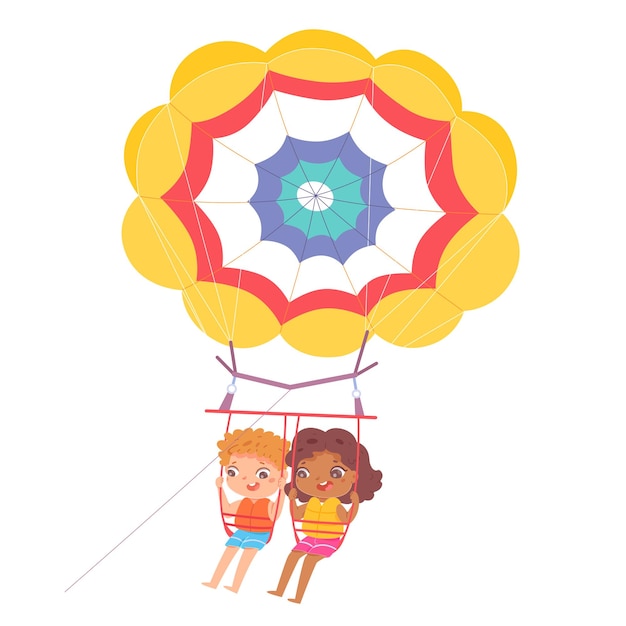 Free vector children flying on parachute on vacations little boy and girl having fun on equipment in sky