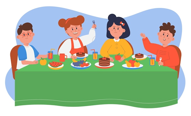 아침, 점심 또는 저녁 식사로 케이크를 먹는 어린이 친구들. 레스토랑이나 카페 테이블에 앉아 있는 소년들과 소녀들은 평평한 벡터 삽화와 함께 달콤한 음식을 먹습니다. 키즈 파티, 축하 개념