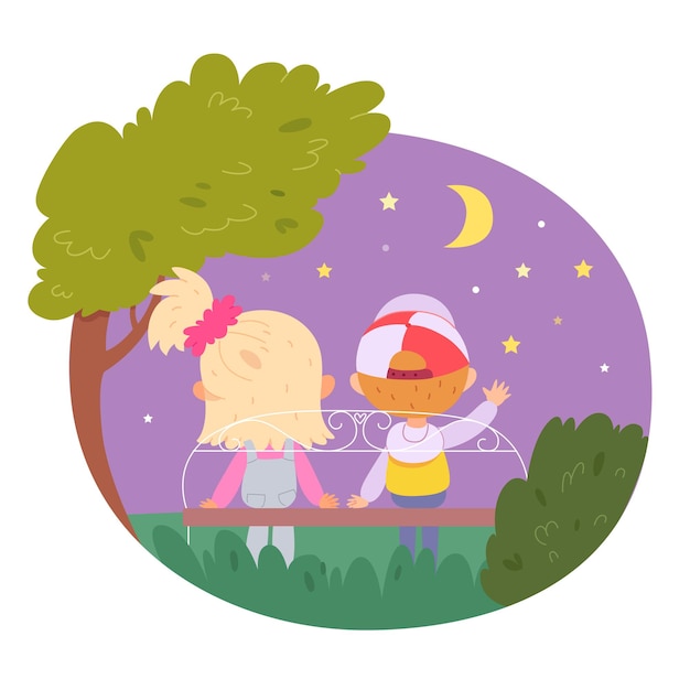 Children friendship boy and girl looking at night sky together adorable little friends in evening enjoying outdoor