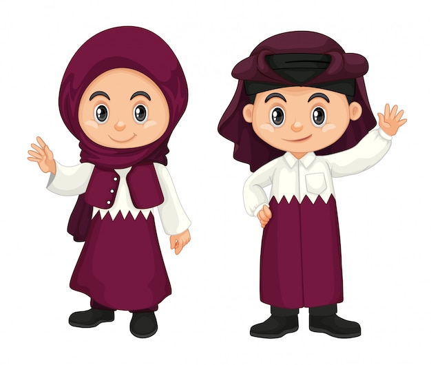 보라색 의상을 입은 카타르의 아이들