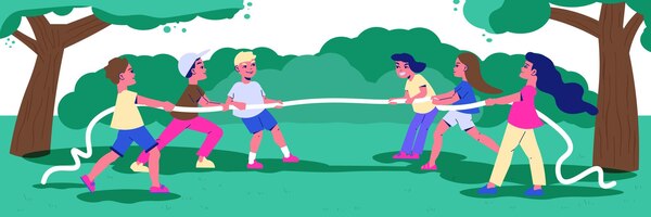 Children games scene with boys and girls pulling rope outdoors flat vector illustration