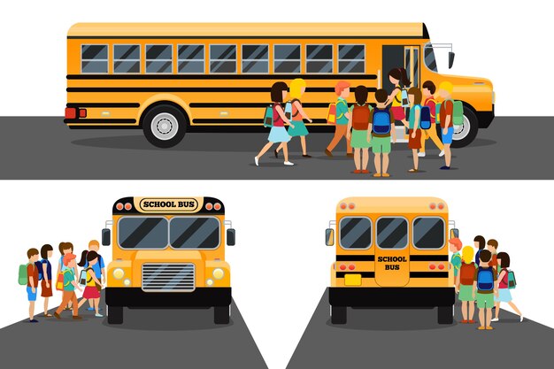 子供たちはスクールバスに乗ります。交通機関の生徒または学生、交通機関および自動車。