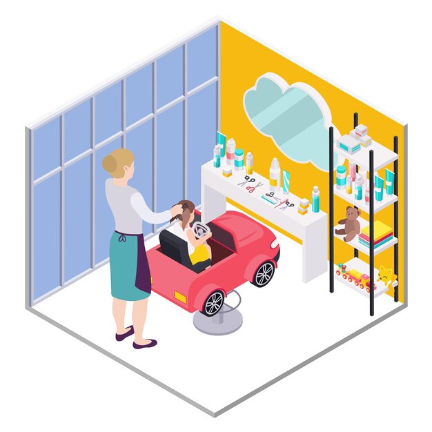Children hairdresser beauty salon isometric composition with kid on toy car seat with working adult haircutter vector illustration