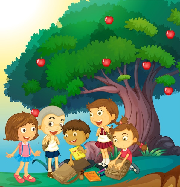 Children hanging out under the apple tree