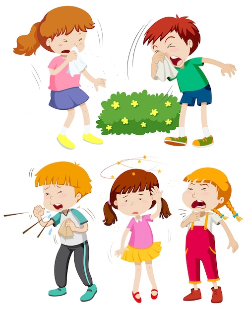 Free vector children having cold and fever illustration