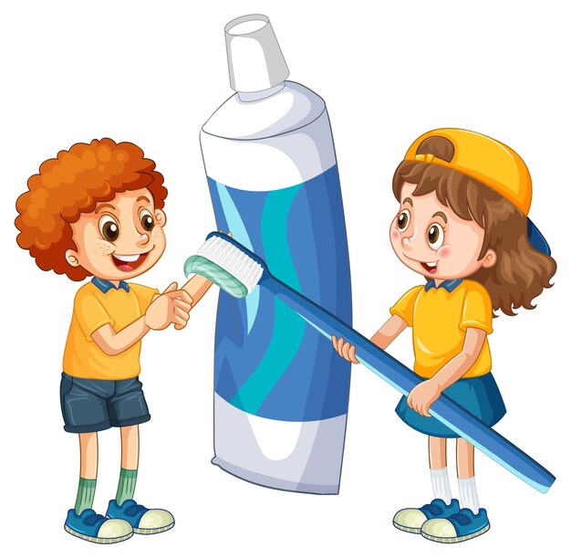 Дети держат зубную пасту и зубную щетку на белом фоне