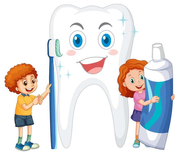 Children holding toothpaste and toothbrush with big tooth on whi