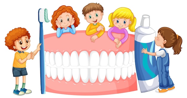 Free vector children holding toothpaste and toothbrush with whiten teeth on