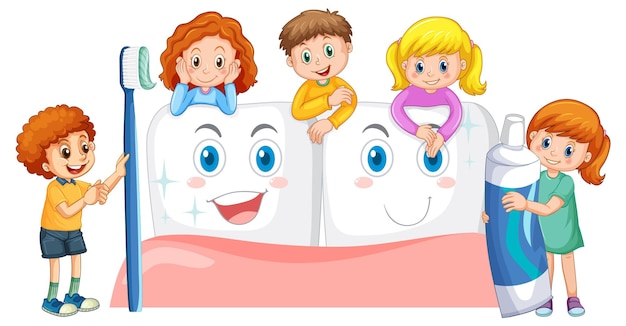Children holding toothpaste and toothbrush with whiten teeth on