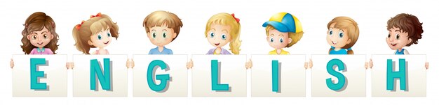 Children holding wordcard for english