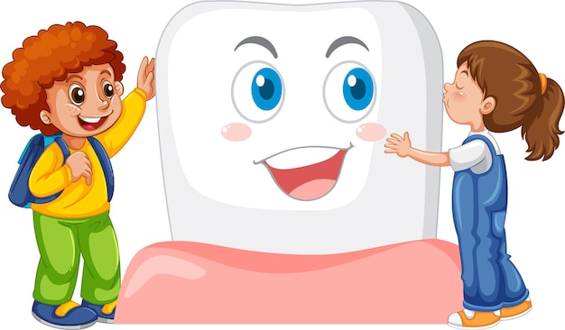 Дети обнимают свой большой зуб на белом фоне