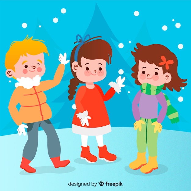 Бесплатное векторное изображение Дети на зимнем фоне снега