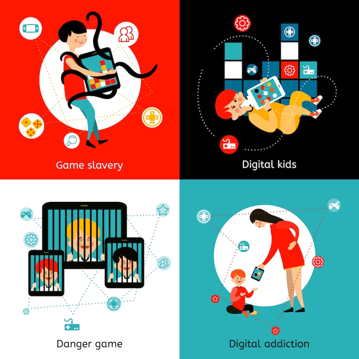 Free Vector children internet addiction flat icons