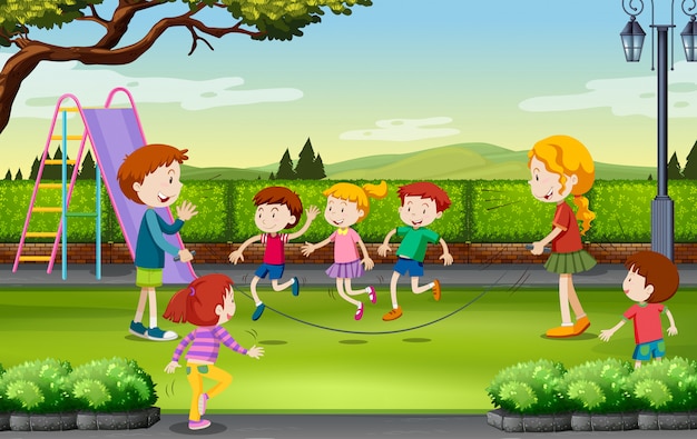 Children jumping rope in the park
