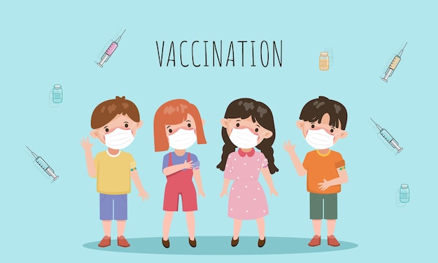 코로나바이러스 covid19로부터 보호하기 위해 안전 백신을 맞기 위해 안면 마스크를 쓴 어린이 아이들
