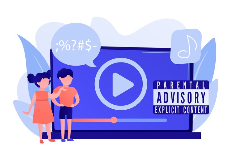 Free Vector children at laptop listening to music with parental advisory label warning. parental advisory, explicit content, kids warning label concept