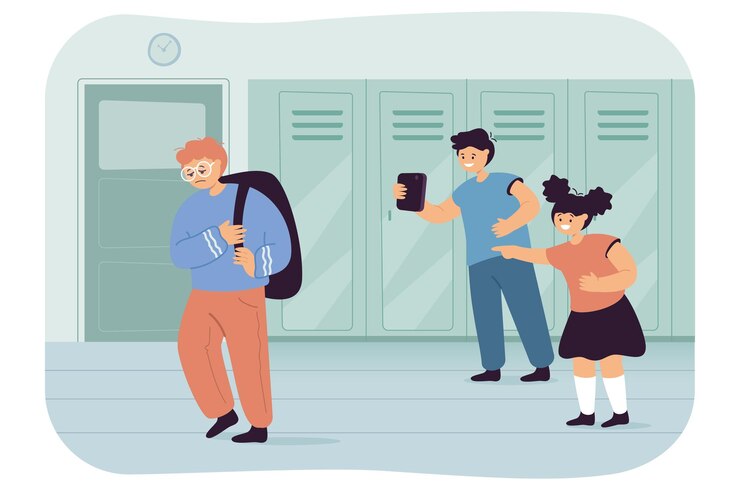 무료 Vector 학교에서 슬픈 외로운 소년을 비웃는 아이들. 소년과 소녀 복도 평면 벡터 일러스트 레이 션에 괴상 한 왕따. 배너, 웹 사이트 디자인 또는 방문 웹 페이지에 대한 갈등, 폭력, 왕따 개념
