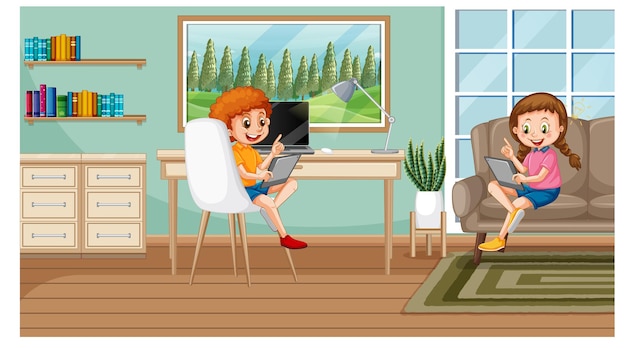 Free vector children learning from home on electronic device