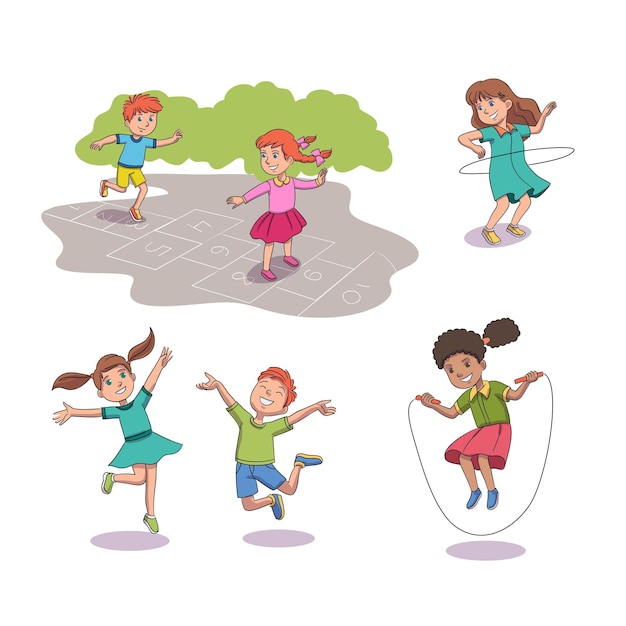 Children leisure outdoor activities scenes set Boy and girl play in hopscotch jumping happily twists hula hoop and jumps on rope