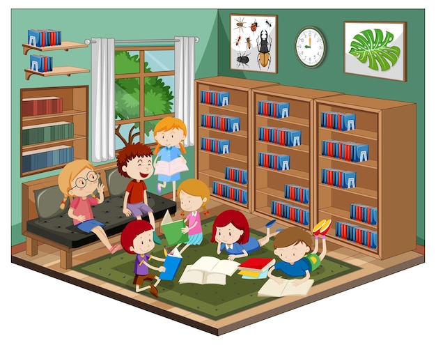 Vettore gratuito bambini in biblioteca con mobili