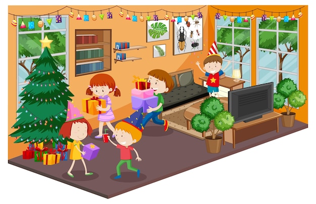 Children in the living room with furnitures in christmas day party theme