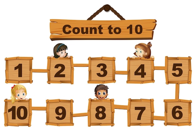 Free vector children and numbers one to ten on wooden boards