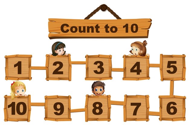 Children and numbers one to ten on wooden boards