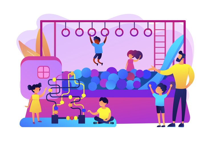 Free Vector children nursery, day care center. active childhood recreation. playroom for kids, best indoor playgrounds, all in one indoor activity concept. bright vibrant violet  isolated illustration