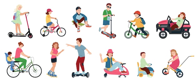 Бесплатное векторное изображение Дети на игрушечных транспортных средствах, плоский набор изолированных иконок с мальчиками-подростками и девочками, катающимися на игрушках, векторная иллюстрация