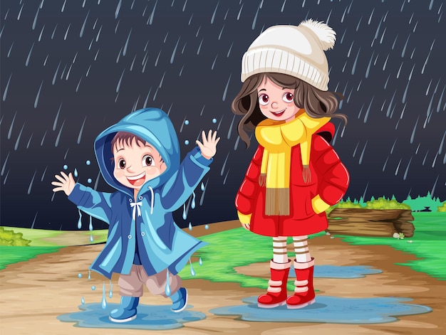 無料ベクター 冬の雨の中にいる子供たち