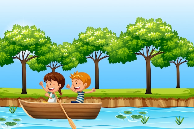 Children paddle wooden boat