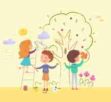 Free vector children painting wall in kindergarten kids doing creative art with brushes little happy boys and girl drawing tree bird squirrel with paint together