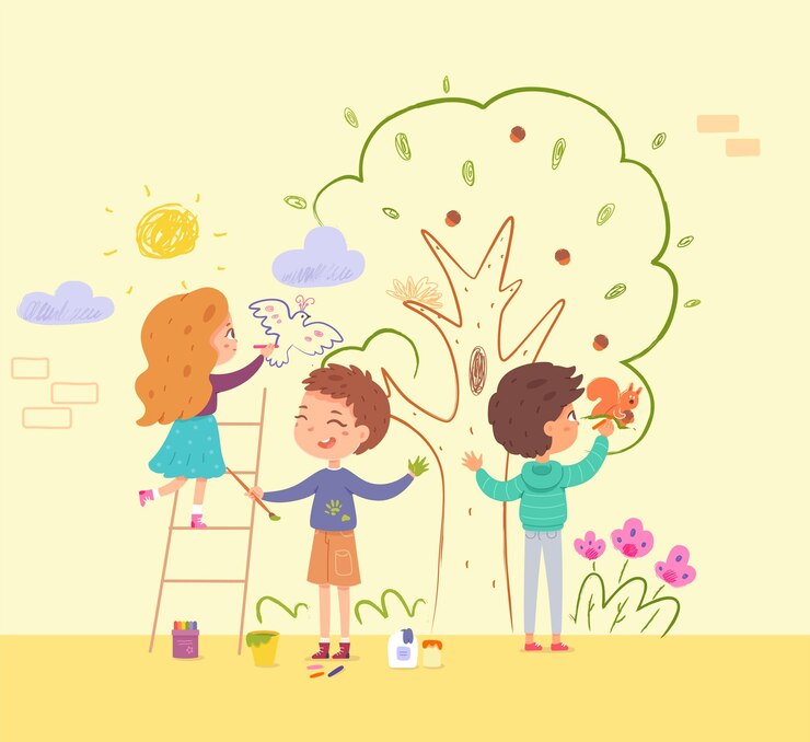 मुफ़्त वेक्टर children painting wall in kindergarten kids doing creative art with brushes little happy boys and girl drawing tree bird squirrel with paint together