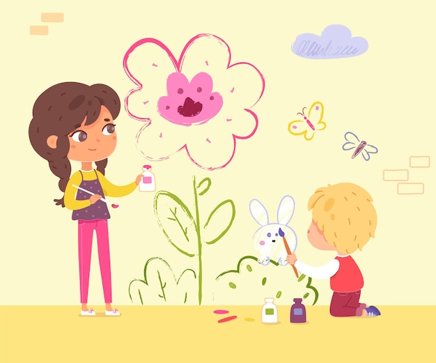 Free vector children painting yellow wall in kindergarten little boy and girl drawing pink flower and rabbit with paint together