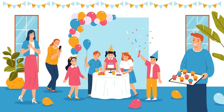 無料Vector 友人の誕生日のベクトル図を祝う幸せな子供たちと子供パーティー フラット コンセプト