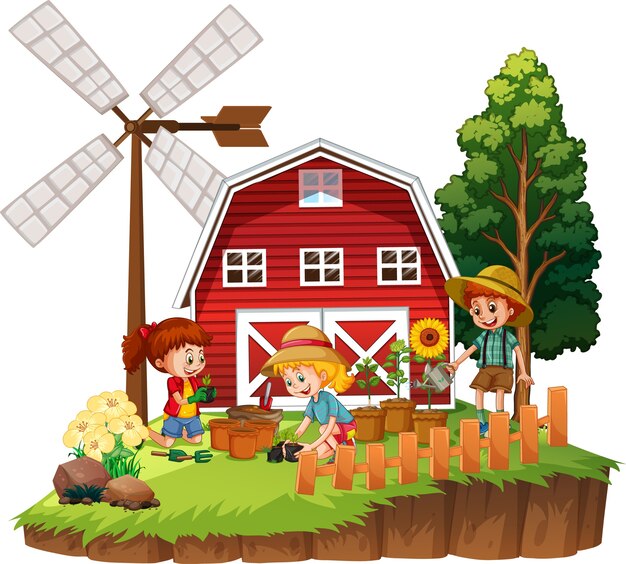 Children planting flower with red barn in farm theme