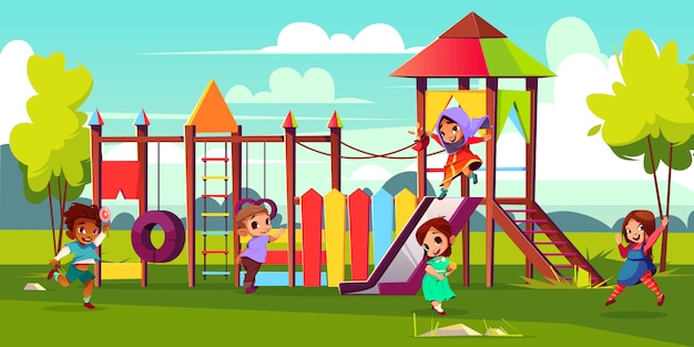 Children playground cartoon illustration with multinational, preschooler kids characters 