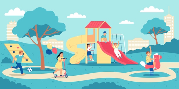 Бесплатное векторное изображение Детская игровая площадка цветная композиция детская площадка возле домов, где дети веселятся и развлекаются векторной иллюстрацией