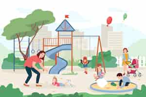 Free vector children playground flat composition with kids riding on swings and playing in sandbox under supervision of parents vector illustration
