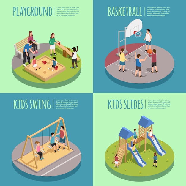 Free vector children playground isometric compositions including kids in sandbox, basketball game, swings and slides isolated