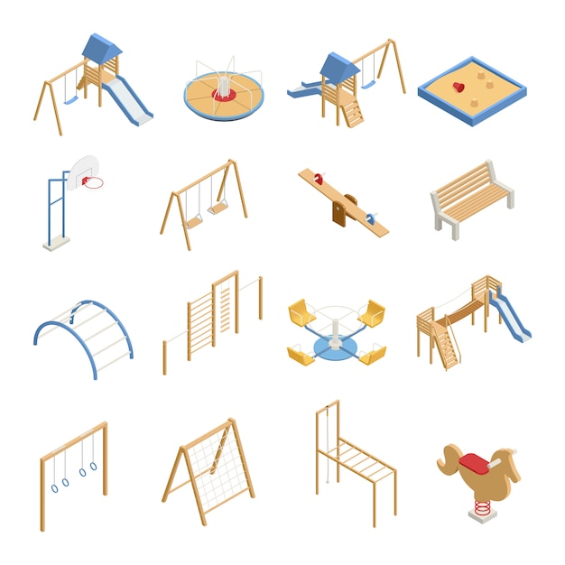 Children playground set of isometric icons with swings, slides, basketball hoop, sandbox, climbing frames isolated Free Vector