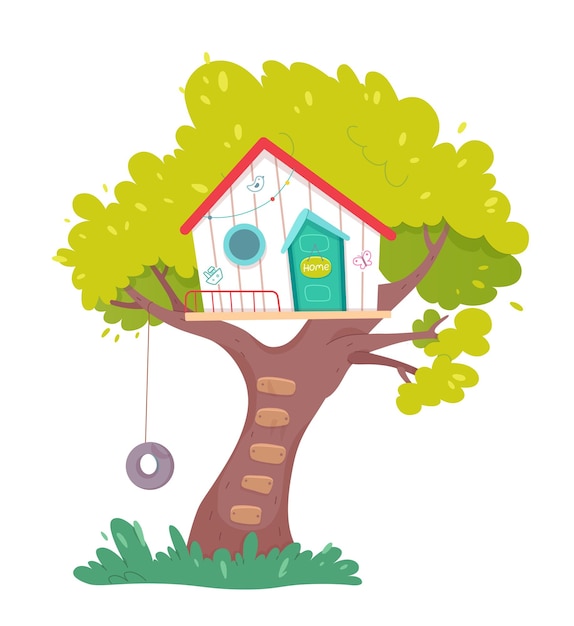 Бесплатное векторное изображение Детская площадка на фоне домика на дереве деревянный домик на дереве с лестницей для игры с подвесными качелями из шин