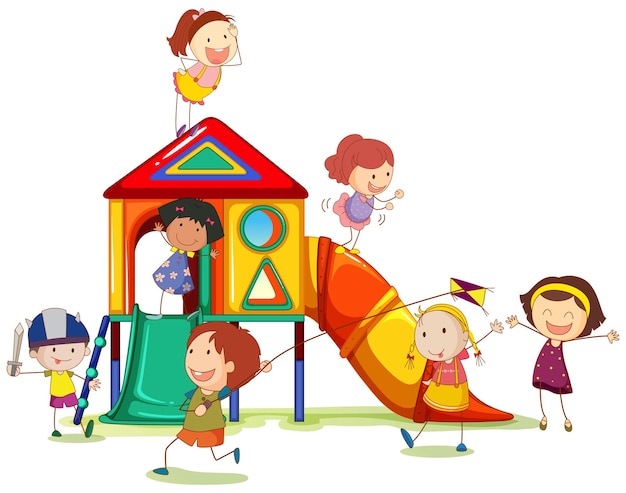 Children playing around the playhouse