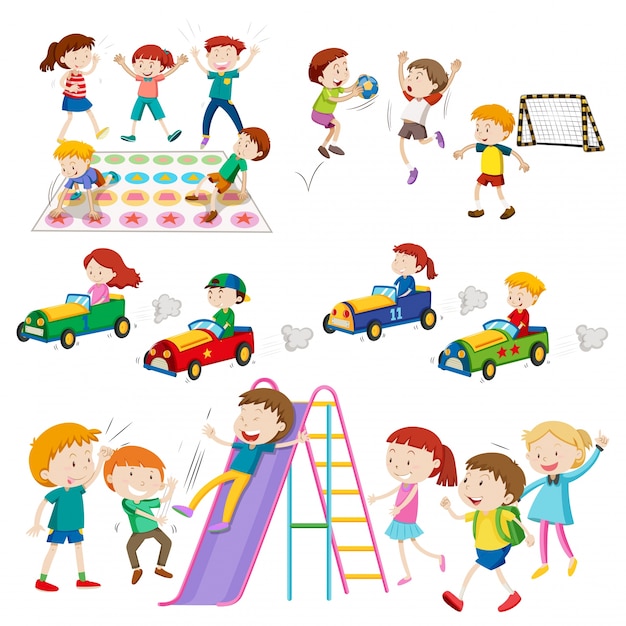 Bambini che giocano giochi e illustrazione sportiva