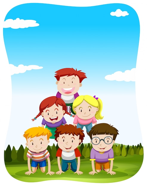 Children playing human pyramid in the park illustration