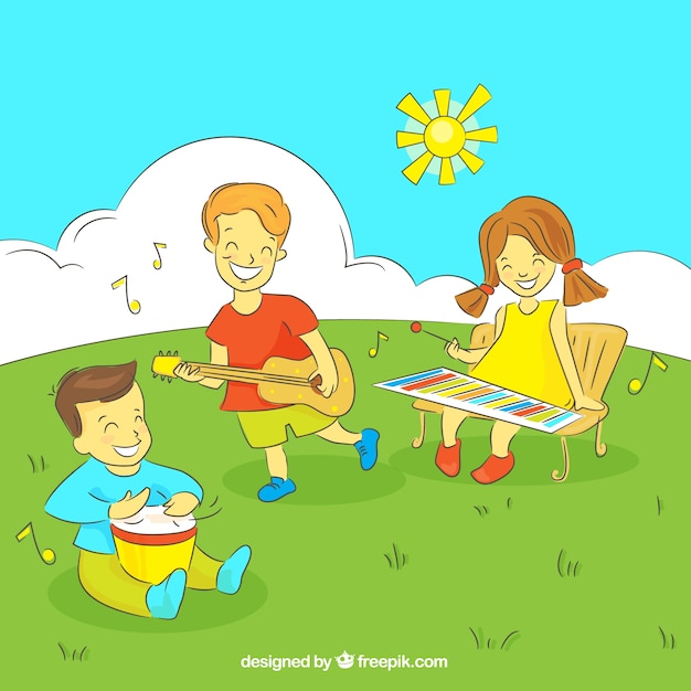 Free vector children playing music on a field