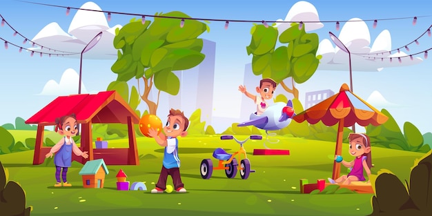 Бесплатное векторное изображение Дети играют на детской площадке с городским пейзажем