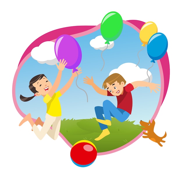 Free vector children playing in the park with balloons