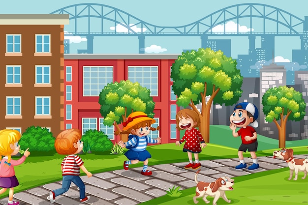 Free vector children playing in the playground scene